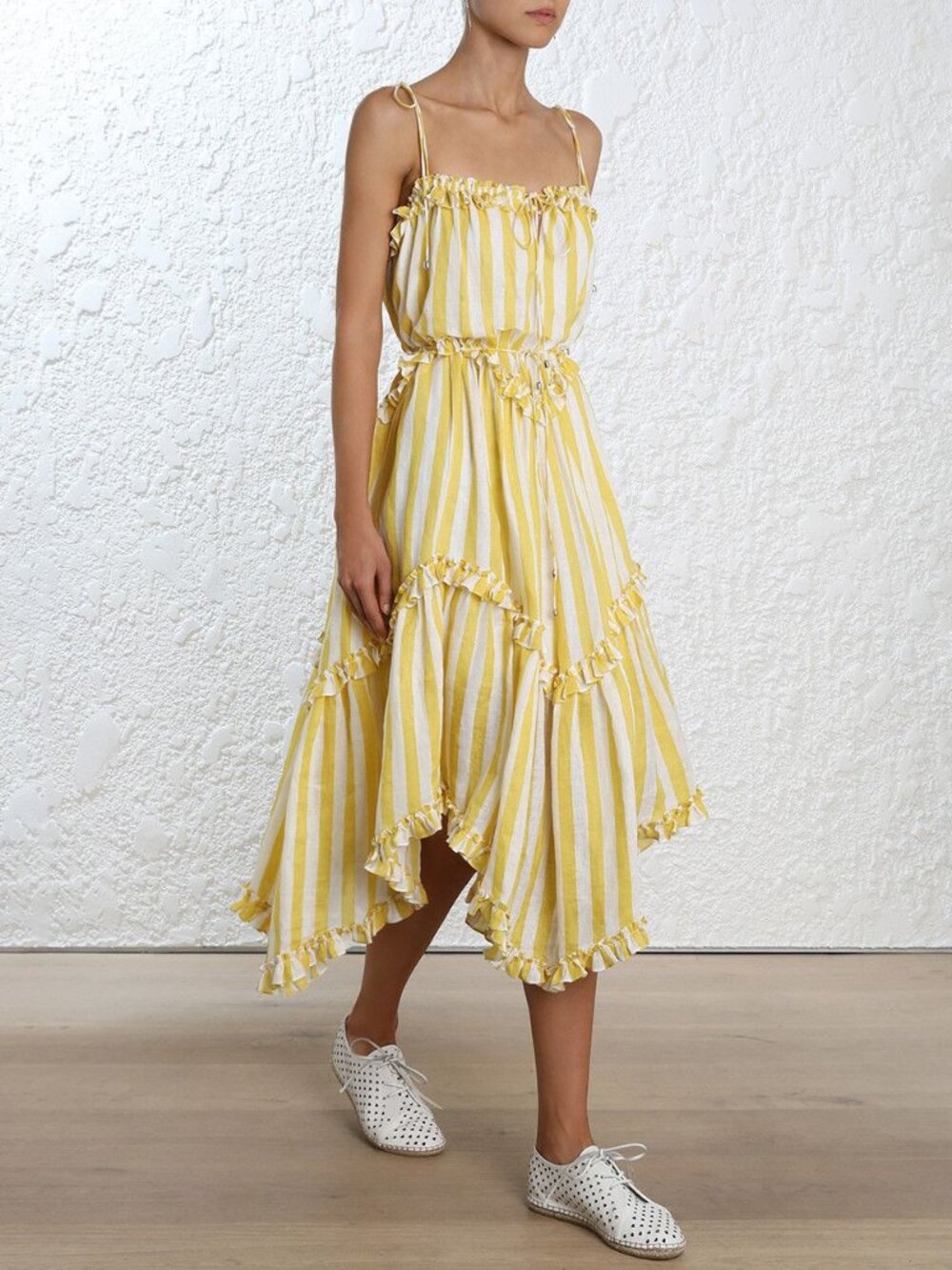 Zimmermann Lumino Yellow Asymmetric Ruffled Striped Linen Midi Dress